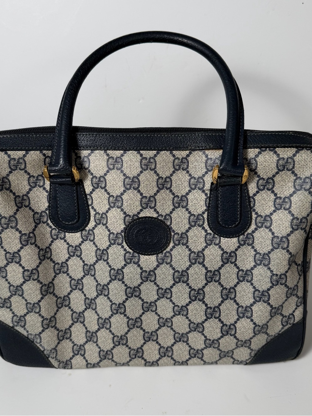 Vintage 80’s Gucci Beige GG Supreme Canvas Tote with Navy Trim Authentic